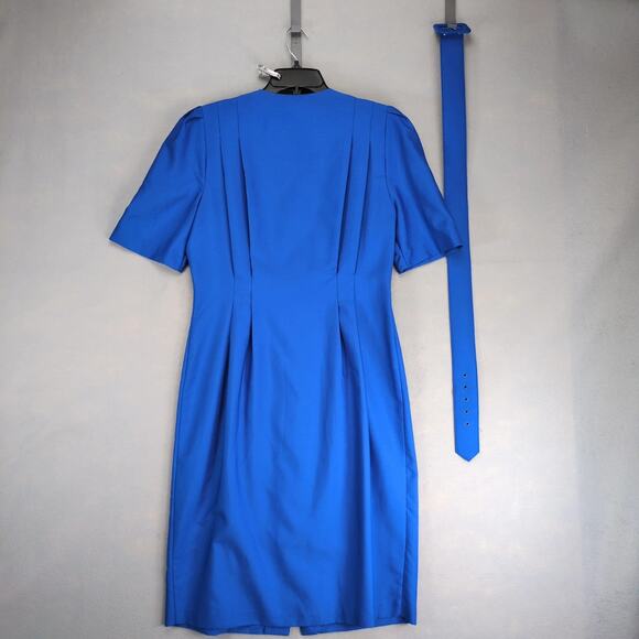 Vintage 90s Success Dress Sz 10P Blue Button Front Career Geometric Pleated Belt - Picture 2 of 10